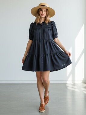 Umgee NWT Navy Tiered Babydoll Dress Puff Sleeve Boutique Mini Large
